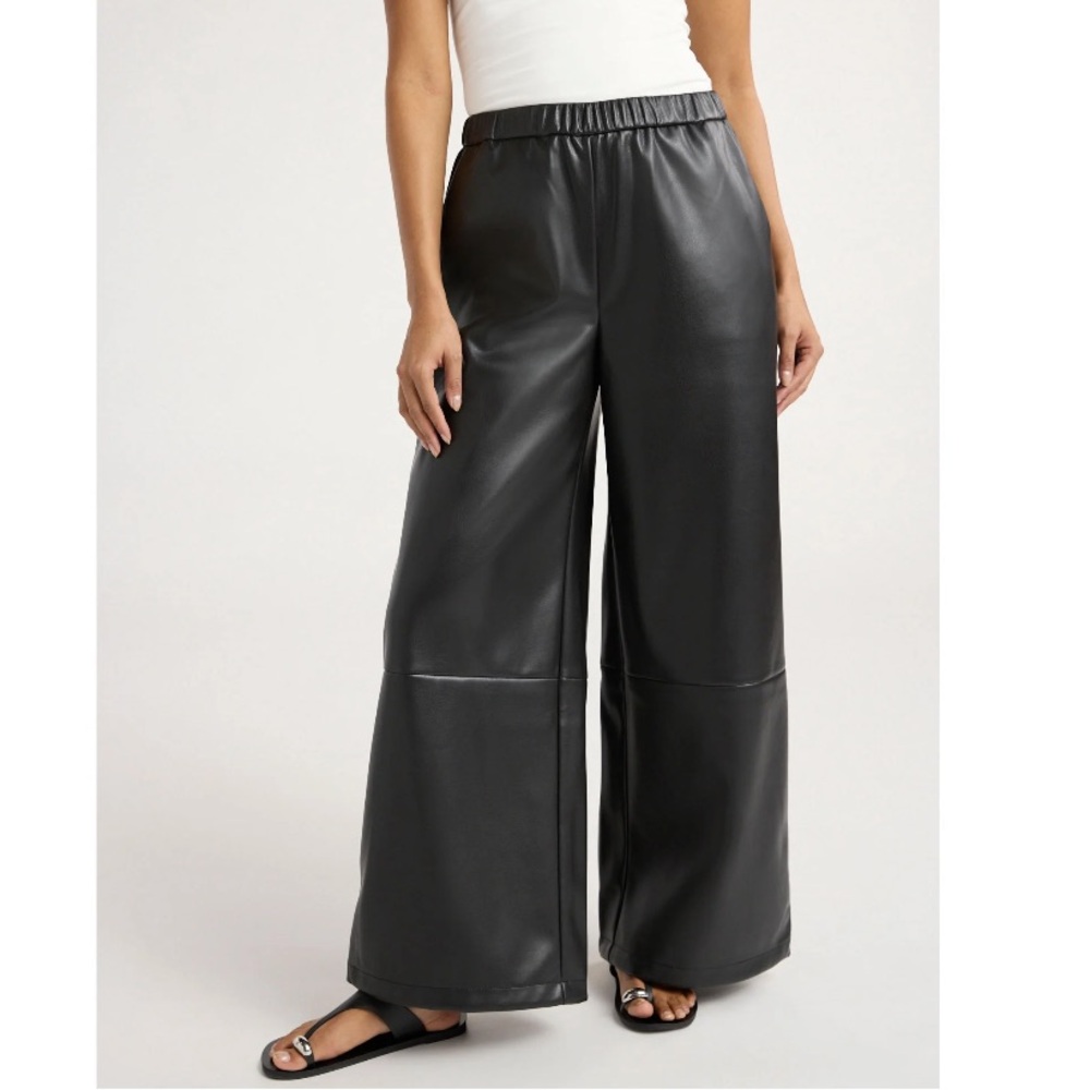 Scoop Womens faux Leather Wide Leg Parachute Pants Adjustable Drawstring Hem NEW